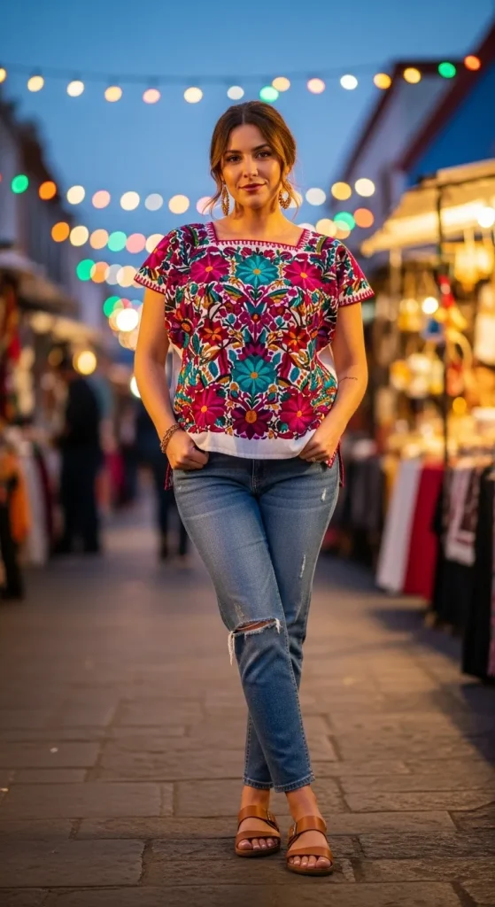 Mexican Embroidered Blouse with Jeans