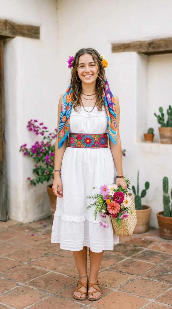 White Boho Dress with Colorful Accents