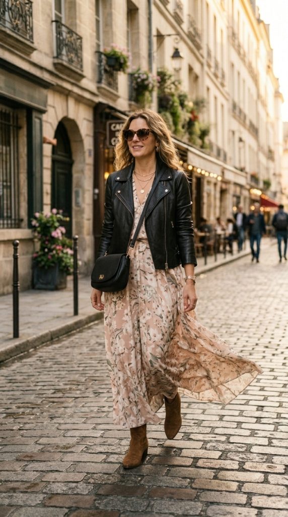 Black Moto Jacket with Floral Maxi Dress