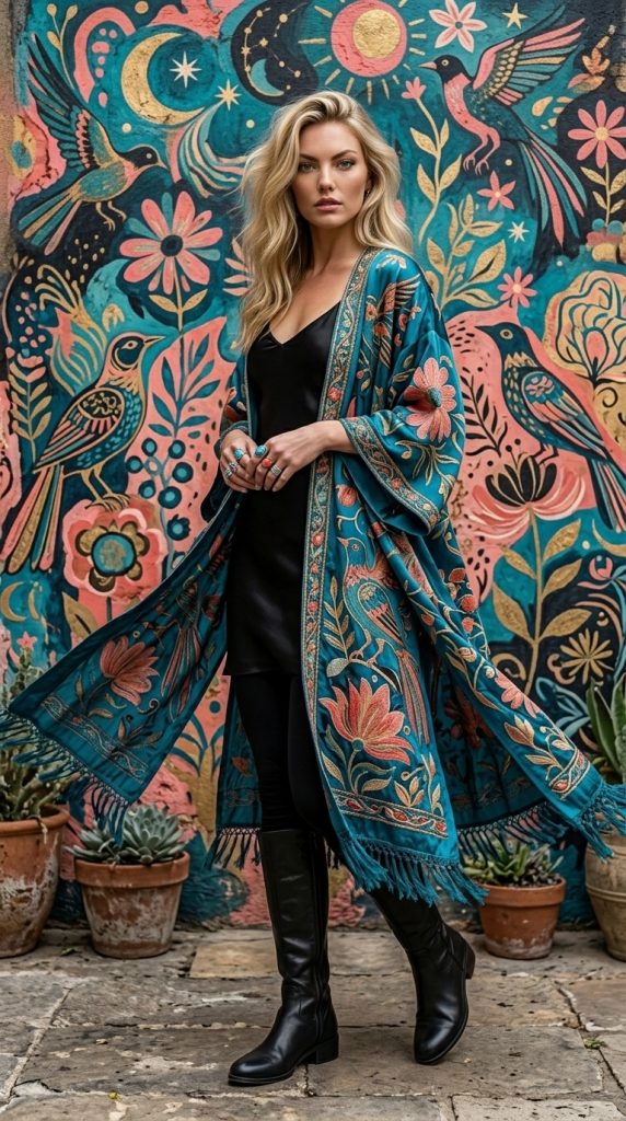 Boho Kimono Over an All-Black Base