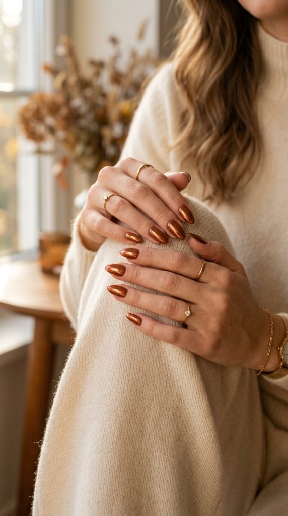 Bronze Chrome Almond Nails