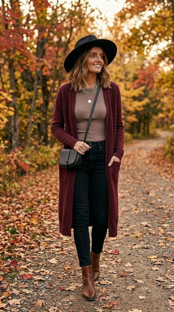 Burgundy Cardigan With Black Skinny Jeans