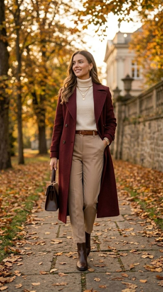 Burgundy Coat with Cream Layers