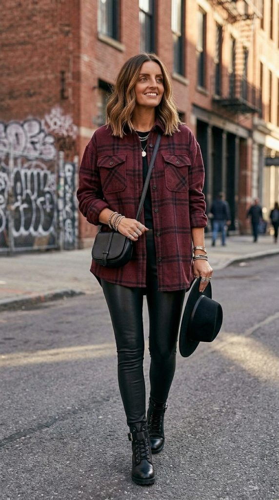 Burgundy Flannel With Leather Leggings