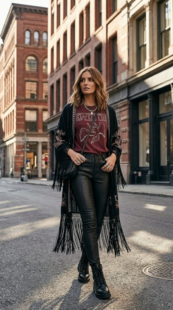 Burgundy Graphic Tee With Faux Leather Pants