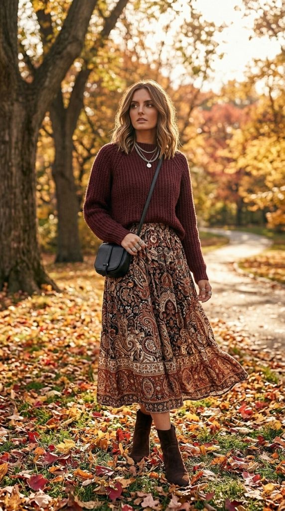 Burgundy Knit Sweater With Printed Midi Skirt