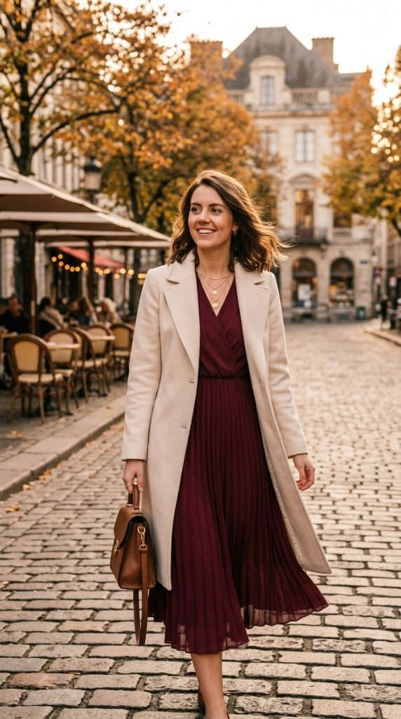 Burgundy Midi Dress with Layered Coat