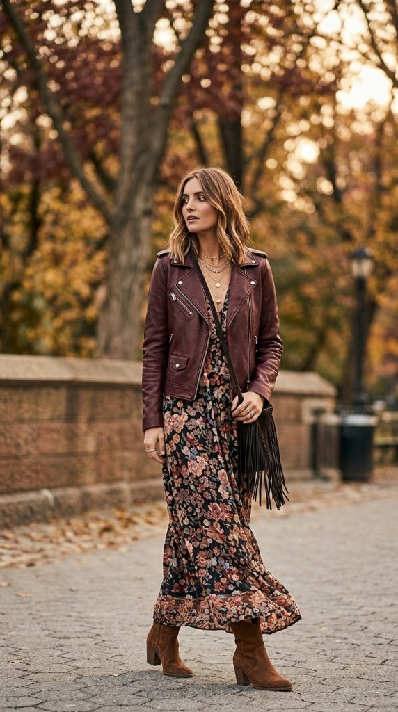 Burgundy Moto Jacket With Floral Maxi Dress