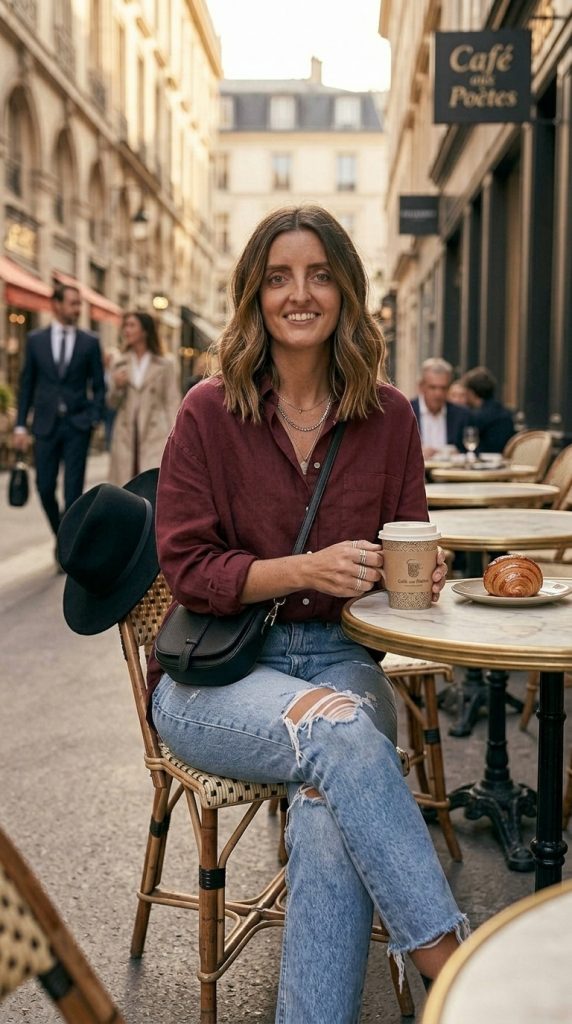 Burgundy Oversized Shirt With Ripped Jeans