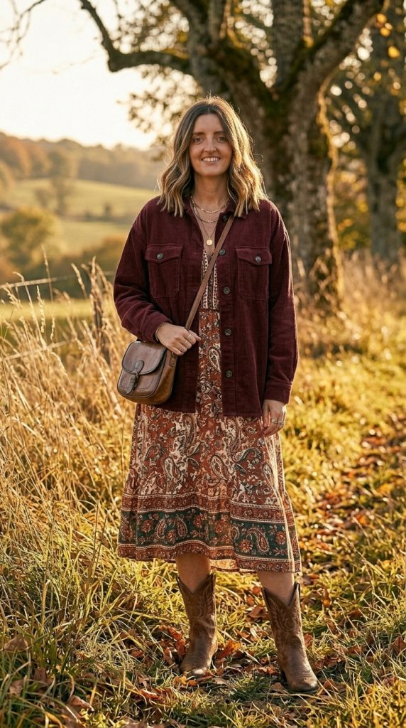 Burgundy Shacket With Printed Dress