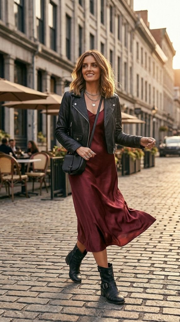 Burgundy Slip Dress With Moto Boots