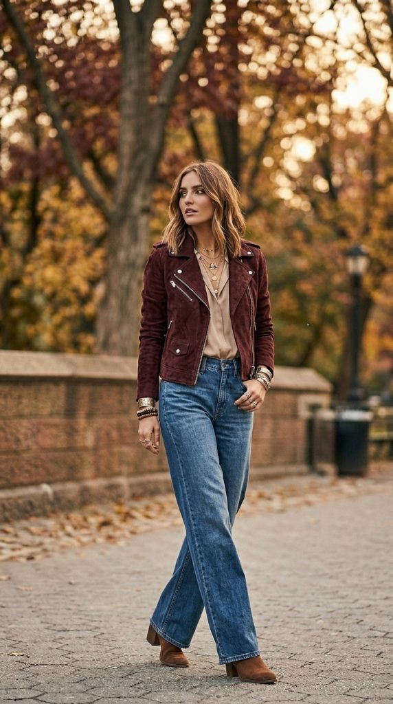 Burgundy Suede Jacket With Wide Leg Jeans