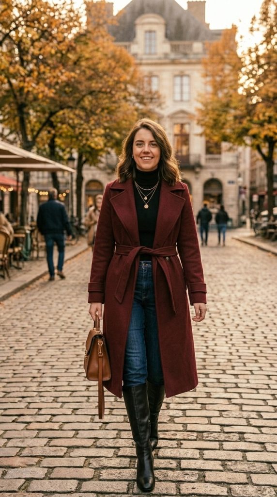 Burgundy Trench Coat and Denim Layers