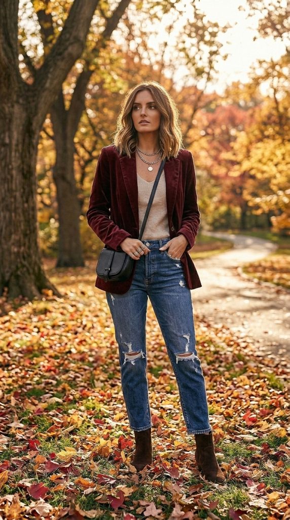 . Burgundy Velvet Blazer With Distressed Denim