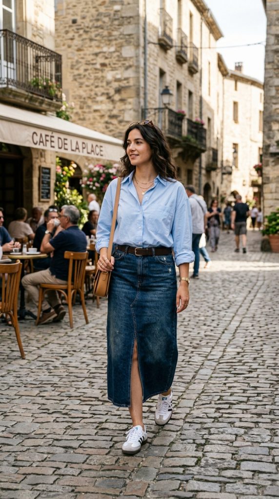Button-Down Shirt and Denim Skirt