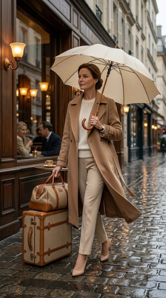 Camel Trench Coat Over Neutral Layers