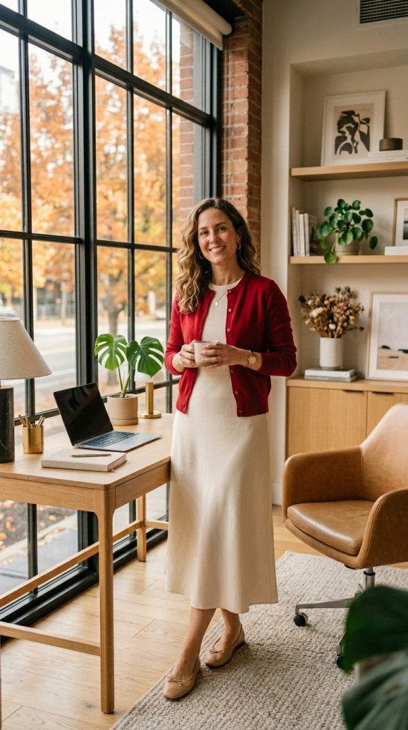 Cherry Cardigan Over a Neutral Dress