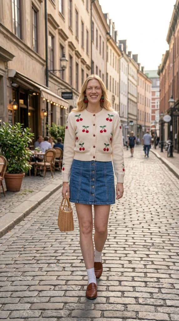Cherry Cardigan with Denim Mini Skirt