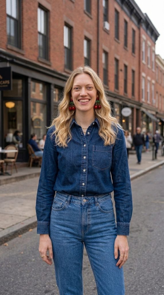 Cherry Earrings with Denim-on-Denim