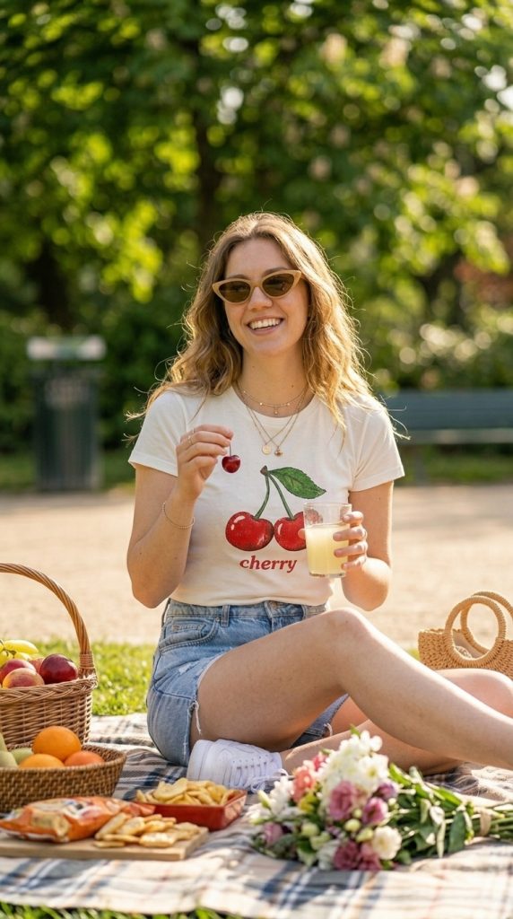 . Cherry Graphic Tee and Denim Shorts