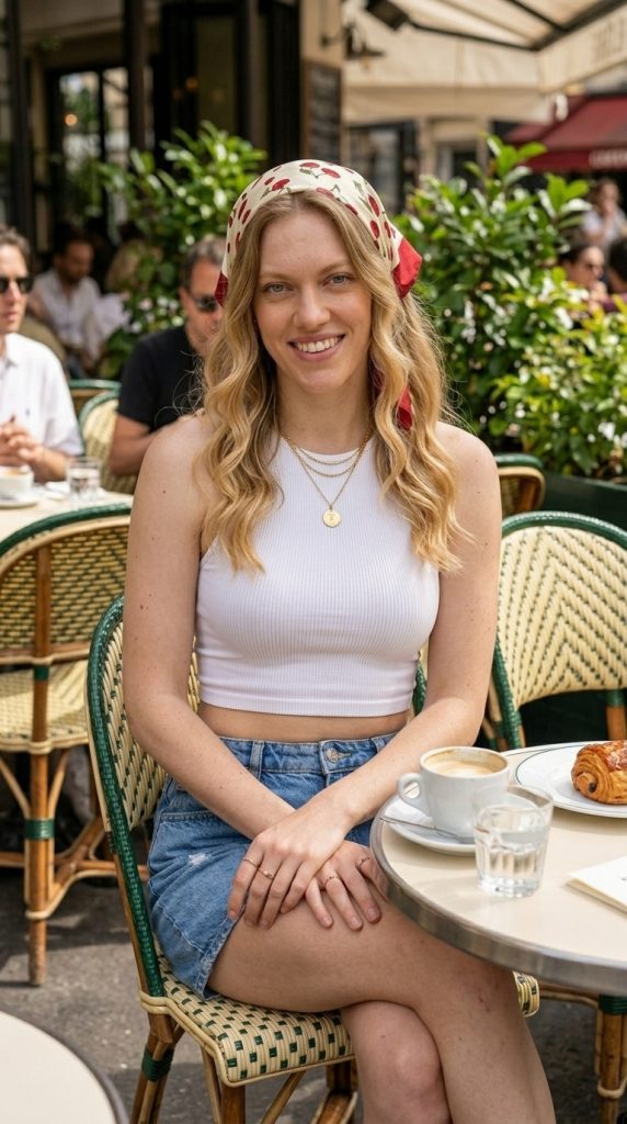 Cherry Hair Scarf with Denim Skirt