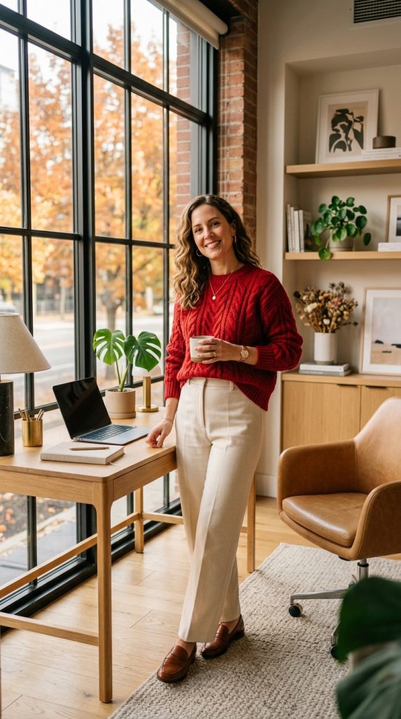 Cherry Knit Sweater with Wide-Leg Pants
