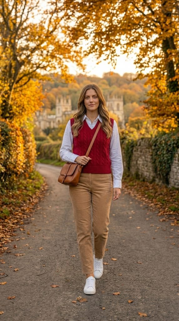 Cherry Knit Vest Layered Over White Shirt