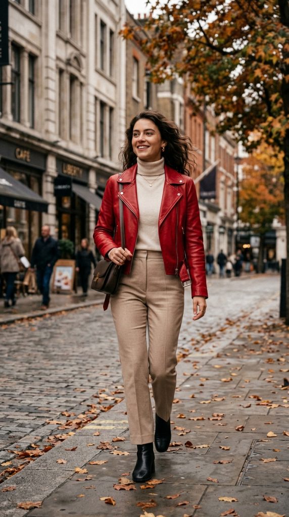 Cherry Leather Jacket with Neutral Basics