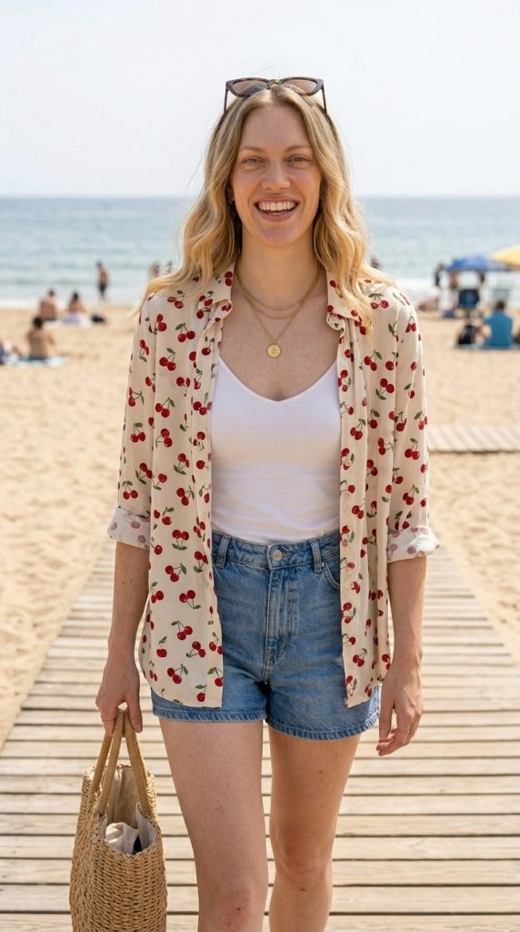 Cherry Print Button-Up with Denim Shorts