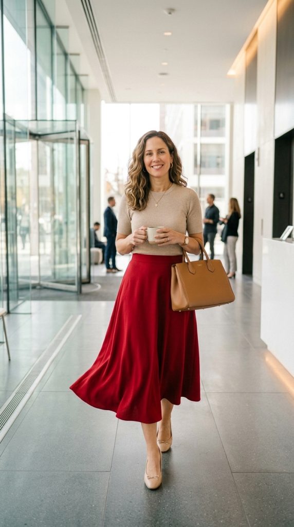 Cherry Red Midi Skirt with Knit Top