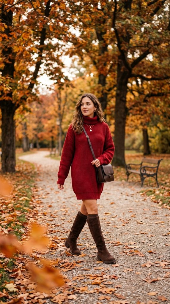 Cherry Sweater Dress and Tall Boots