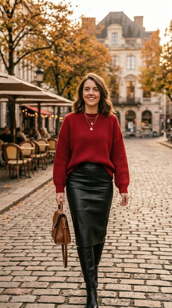 Cherry Sweater with Faux Leather Skirt