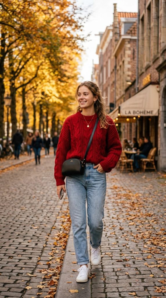 Cherry Sweater with Light Wash Denim