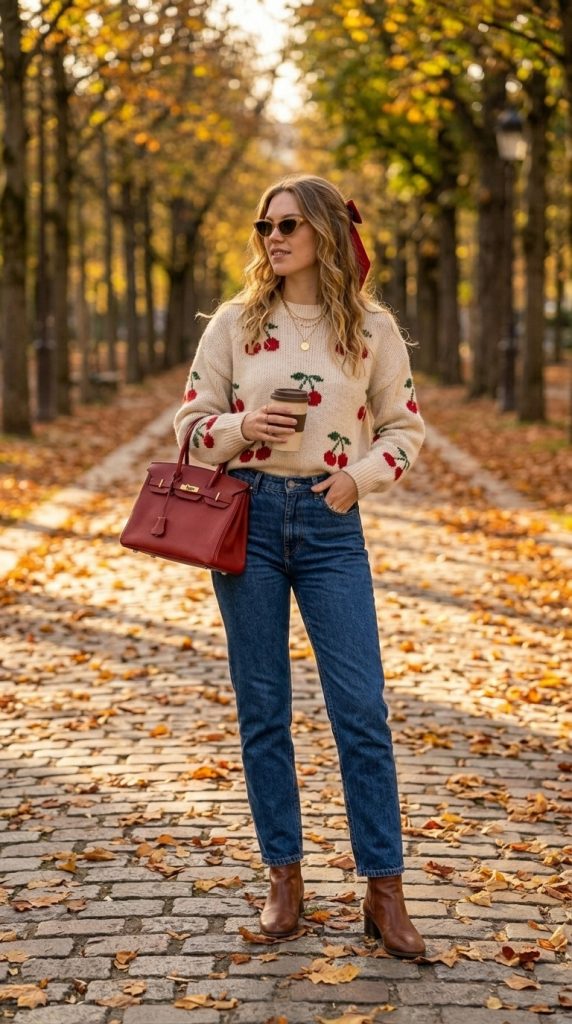 Cherry Sweater with Straight-Leg Denim