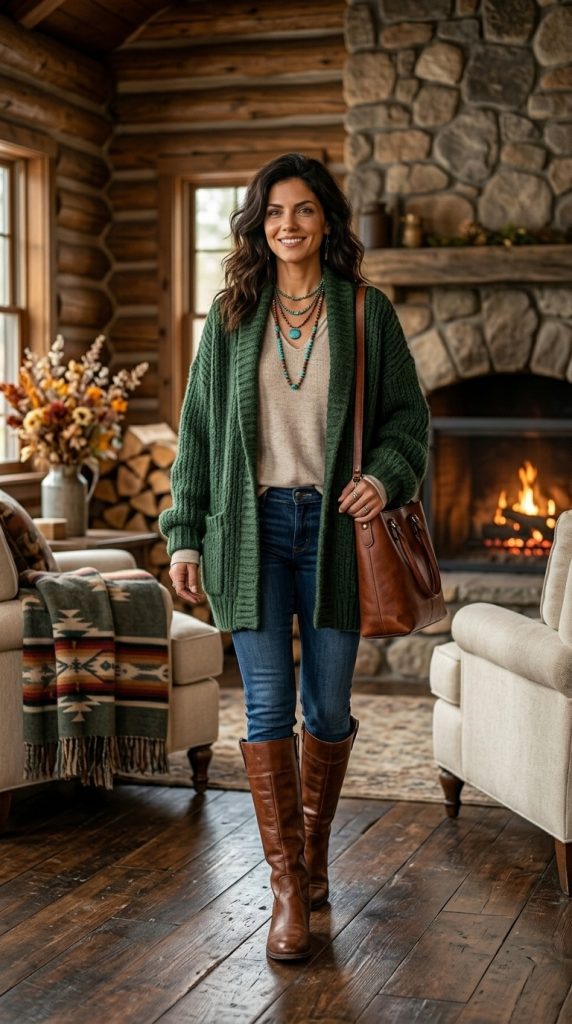 Chunky Cardigan With Tall Leather Boots