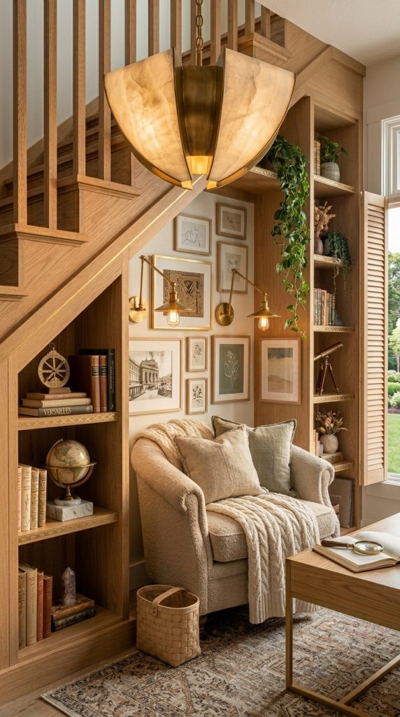 Corner Library With Statement Lighting