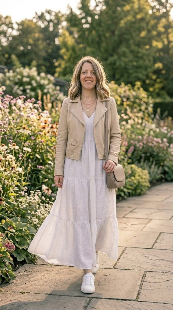 Cropped Moto Jacket and Linen Dress