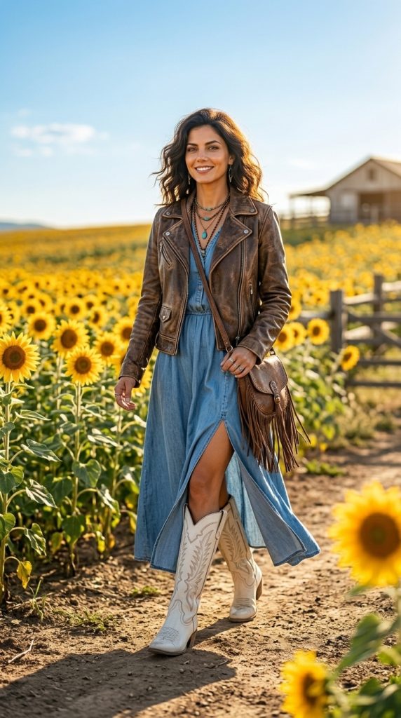 Denim Dress With Tall Western Boots
