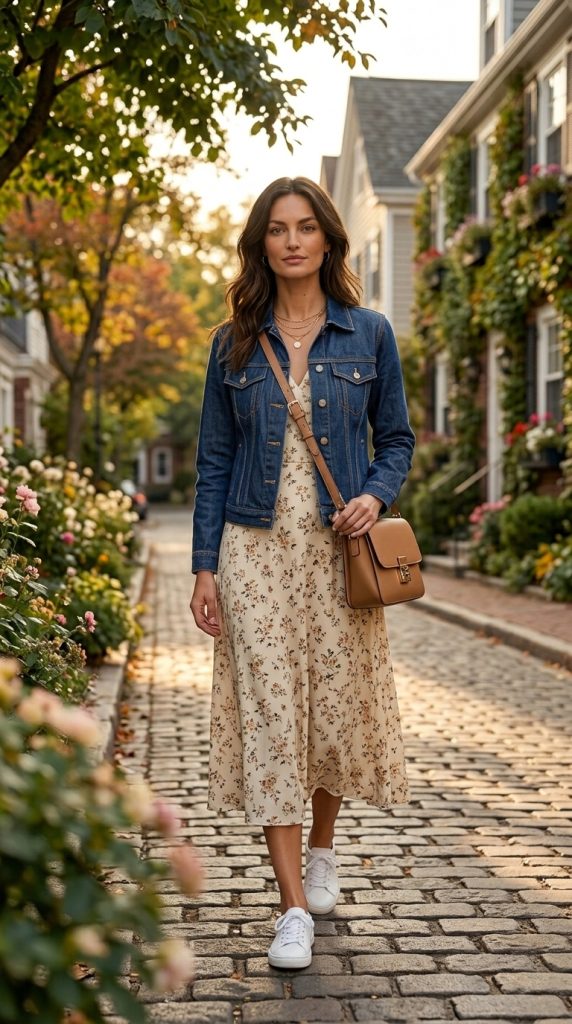 Denim Jacket Over a Floral Midi Dress