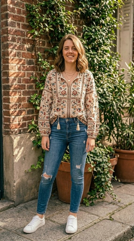 Distressed Denim and Embroidered Blouse