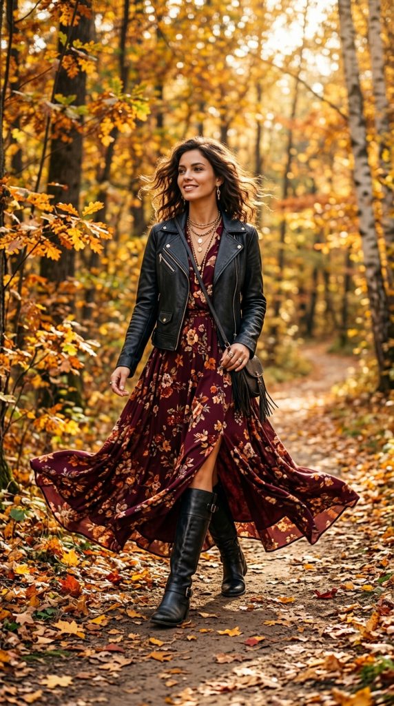 Floral Maxi Dress With a Black Moto Jacket