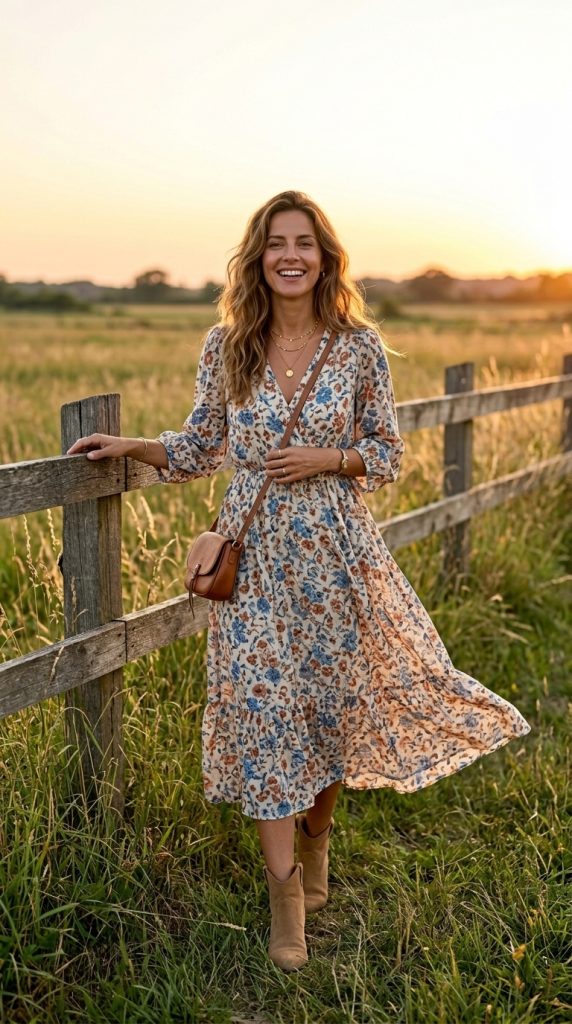 Flowy Midi Dress with Ankle Boots