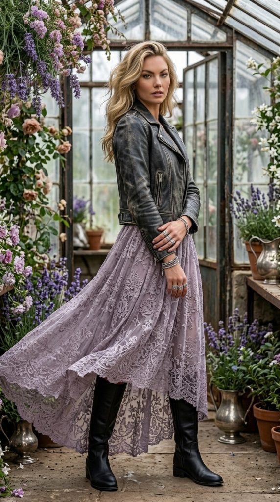 Lace Dress With a Distressed Leather Jacket