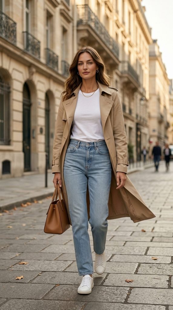 Lightweight Trench Coat with Straight Leg Jeans
