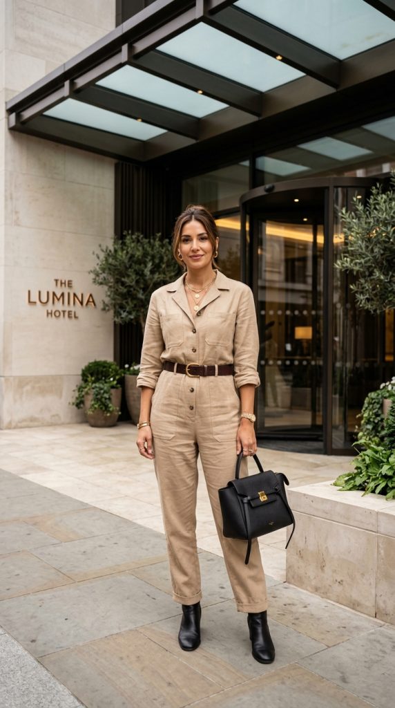 Neutral Jumpsuit With Layered Accessories