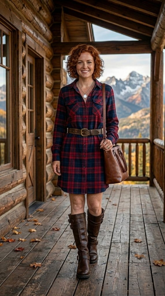 Plaid Shirt Dress and Tall Buckled Boots