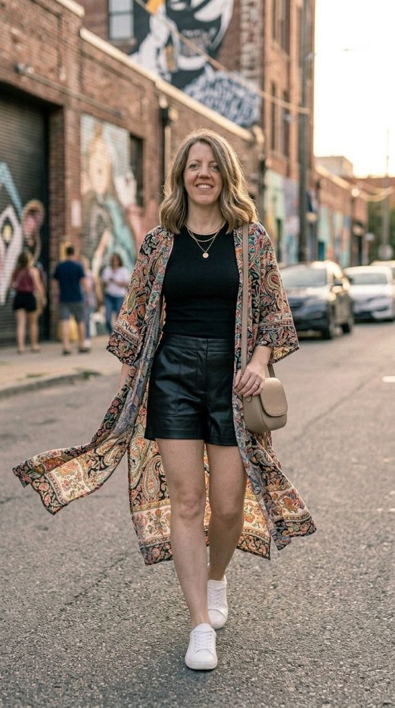 Printed Kimono Over Leather Shorts