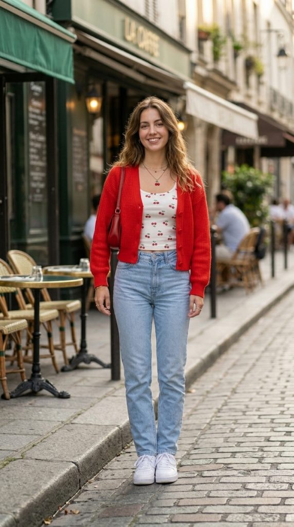 Red Cardigan with Light Wash Denim