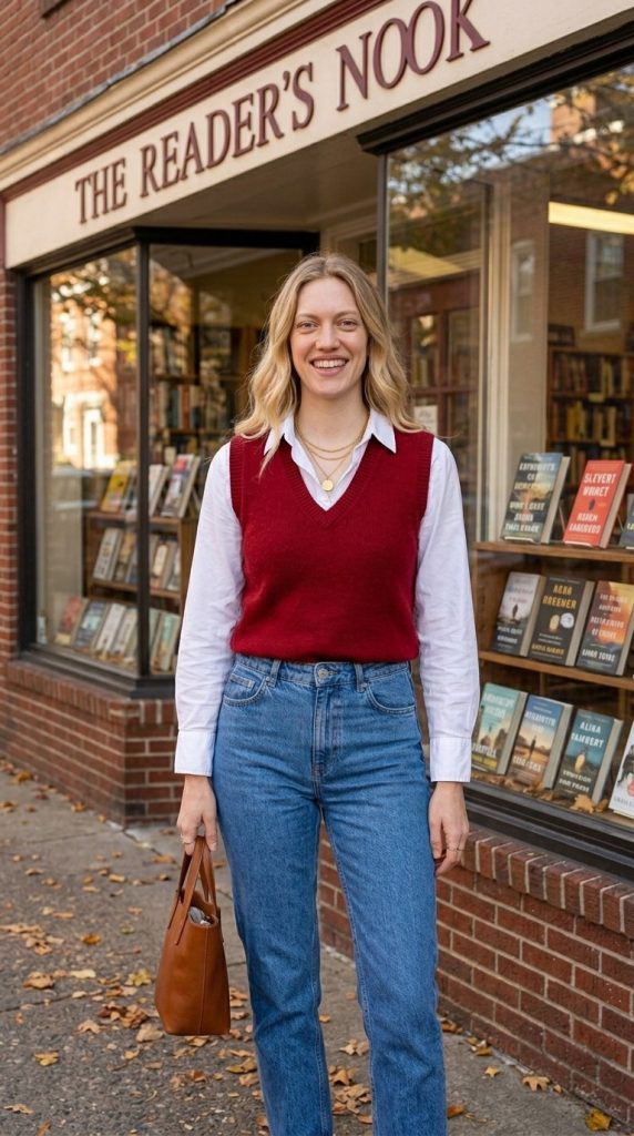 Red Knit Vest over Denim Outfit