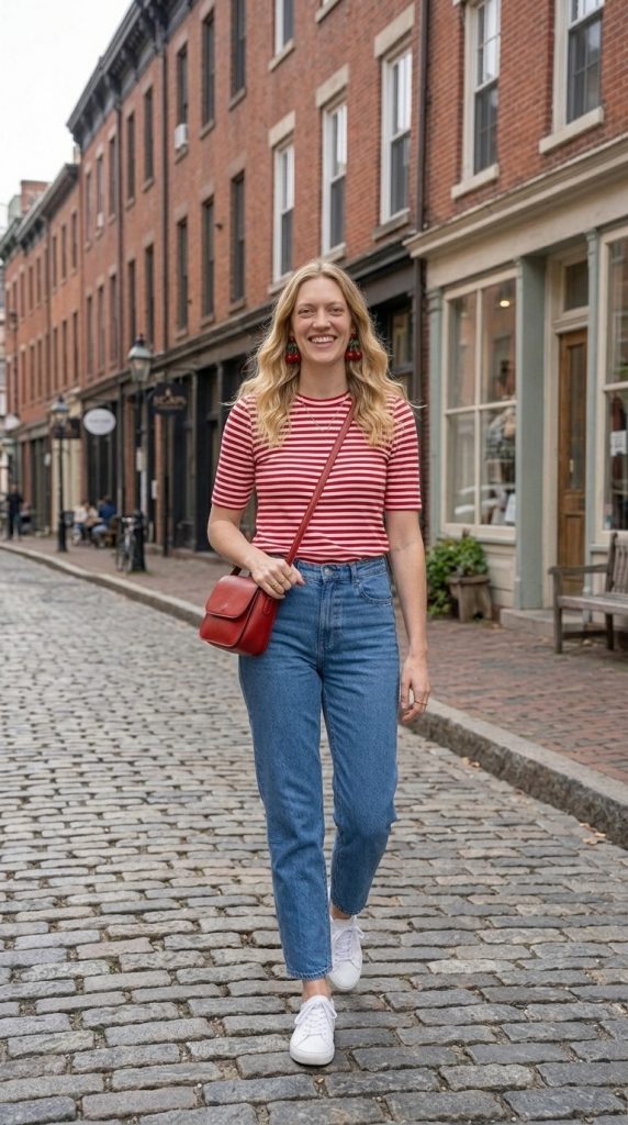 Red Striped Top with Mom Jeans